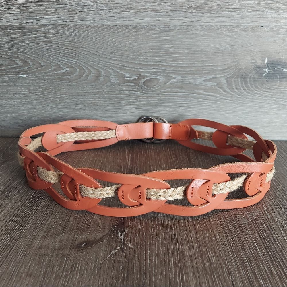 Linea Pelle Leather Link Jute Hip Sling Belt Sz S Orange Cream Ring Buckle Boho - Picture 2 of 6